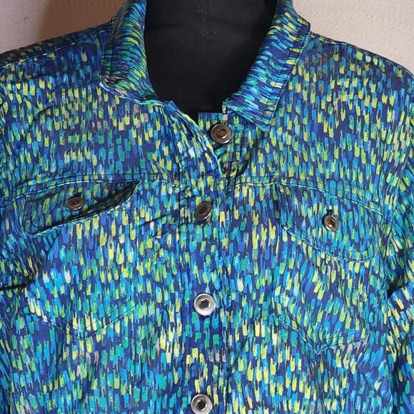 Attyre New York Blue Green Yellow Abstract Rayon Nylon Span Adj Waist Jacket XL - Picture 2 of 16